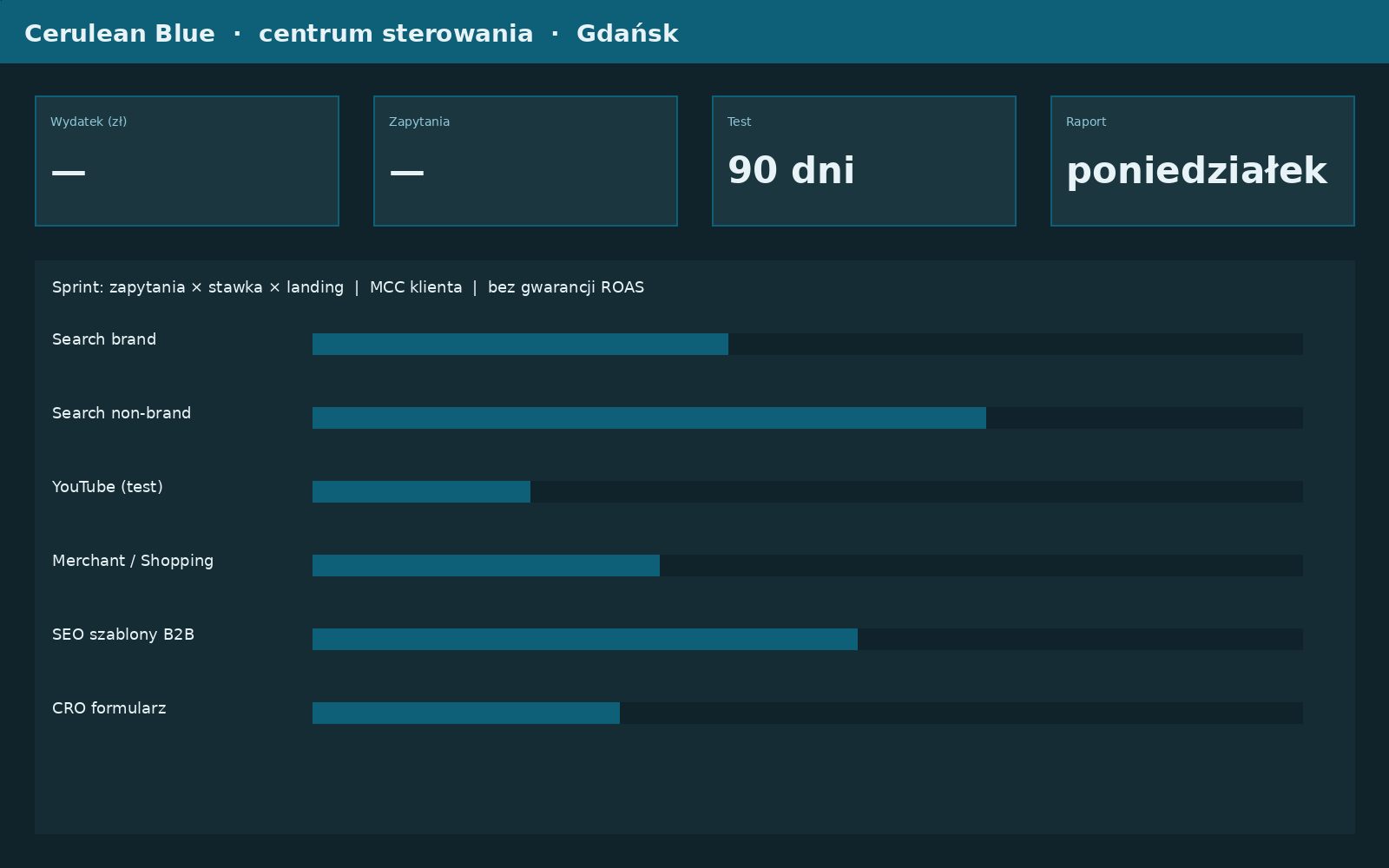 Widok centrum sterowania: wydatek, zapytania, raport w poniedziałek